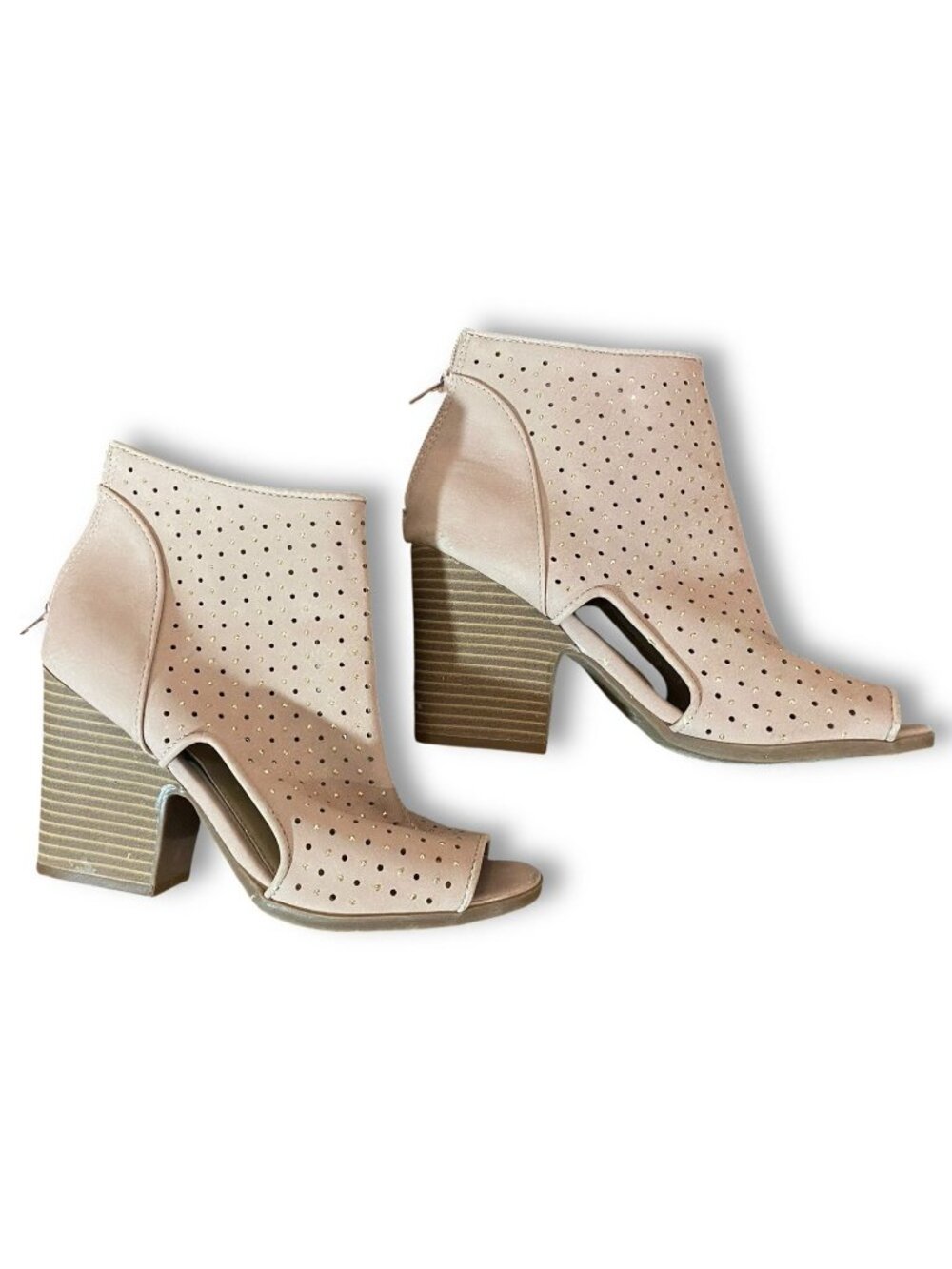 Rampage Open Toe Rhinestone Punch Ankle Booties Stacked Chunky Heel Dusty Pink